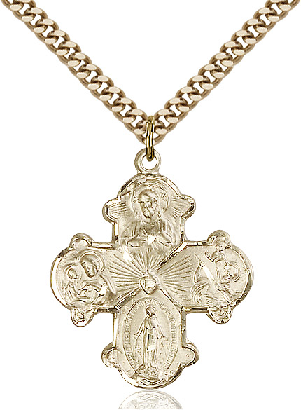 14kt Gold Filled 4-Way Pendant on a 24 inch Gold Plate Heavy Curb chain