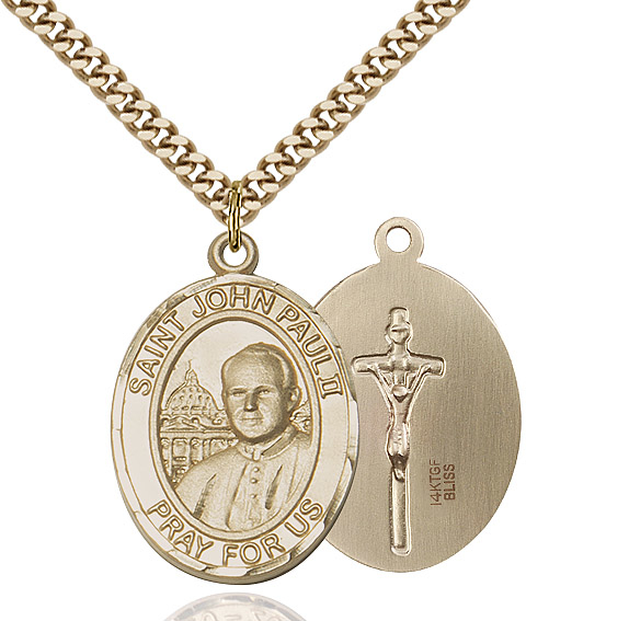 14kt Gold Filled Saint John Paul II Pendant on a 24 inch Gold Plate Heavy Curb chain