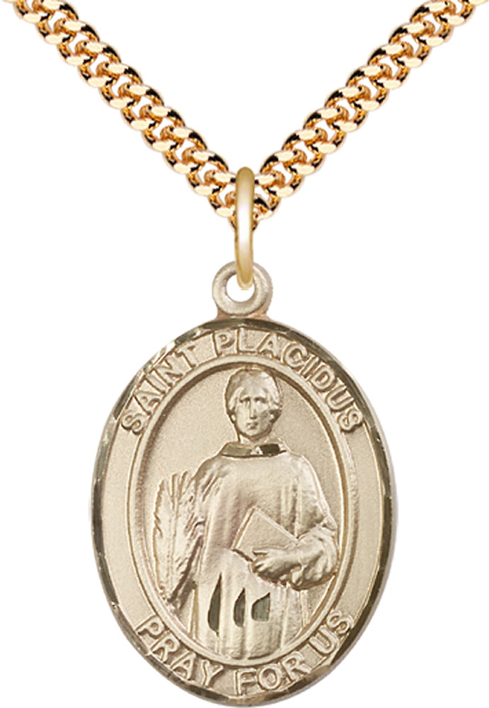 14kt Gold Filled Saint Placidus Pendant on a 24 inch Gold Plate Heavy Curb chain