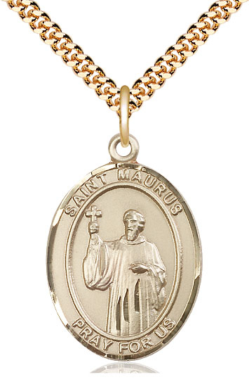 14kt Gold Filled Saint Maurus Pendant on a 24 inch Gold Plate Heavy Curb chain