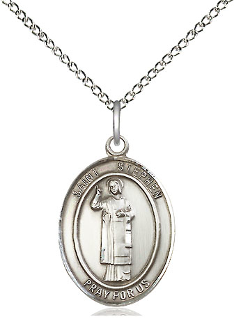 Sterling Silver Saint Stephen the Martyr Pendant on a 18 inch Sterling Silver Light Curb chain