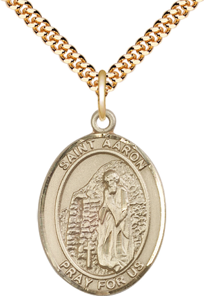 14kt Gold Filled Saint Aaron Pendant on a 24 inch Gold Plate Heavy Curb chain