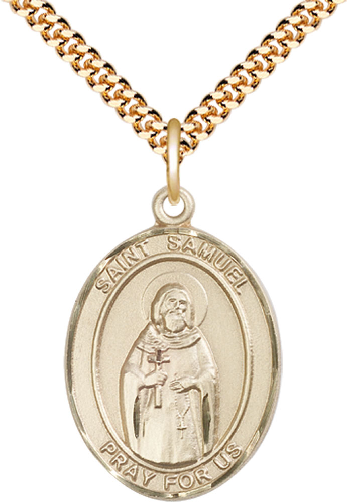 14kt Gold Filled Saint Samuel Pendant on a 24 inch Gold Plate Heavy Curb chain