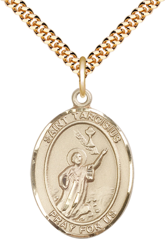 14kt Gold Filled Saint Tarcisius Pendant on a 24 inch Gold Plate Heavy Curb chain