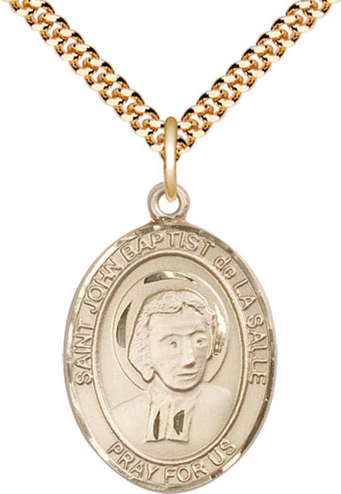 14kt Gold Filled Saint John Baptist de la Salle Pendant on a 24 inch Gold Plate Heavy Curb chain
