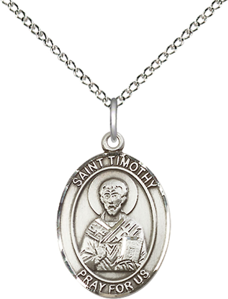 Sterling Silver Saint Timothy Pendant on a 18 inch Sterling Silver Light Curb chain
