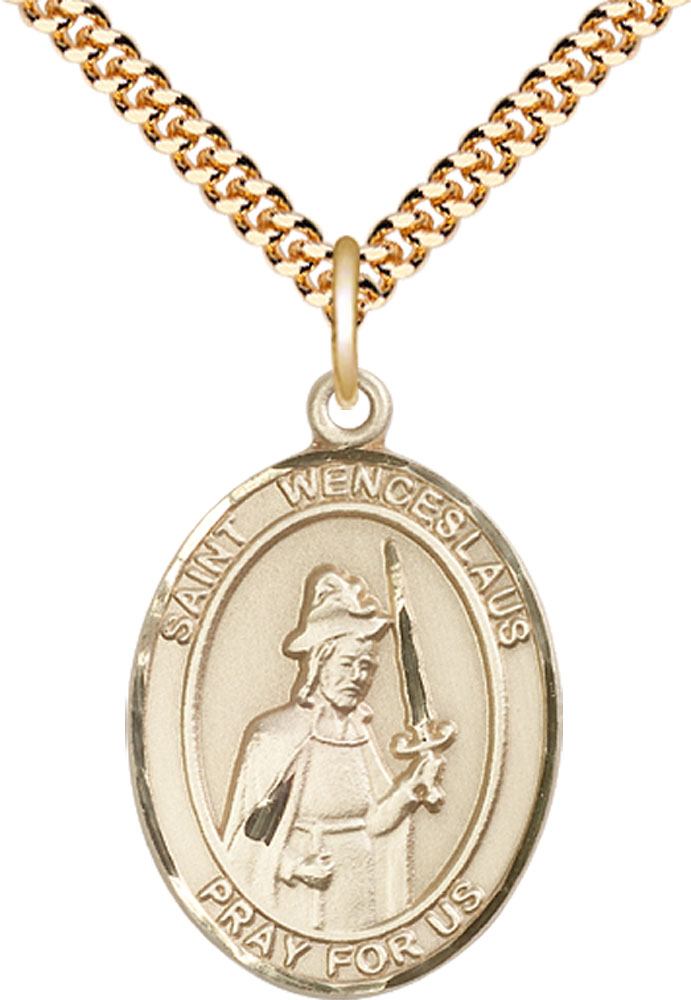 14kt Gold Filled Saint Wenceslaus Pendant on a 24 inch Gold Plate Heavy Curb chain