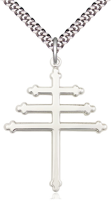 Sterling Silver Maronite Cross Pendant on a 24 inch Light Rhodium Heavy Curb chain