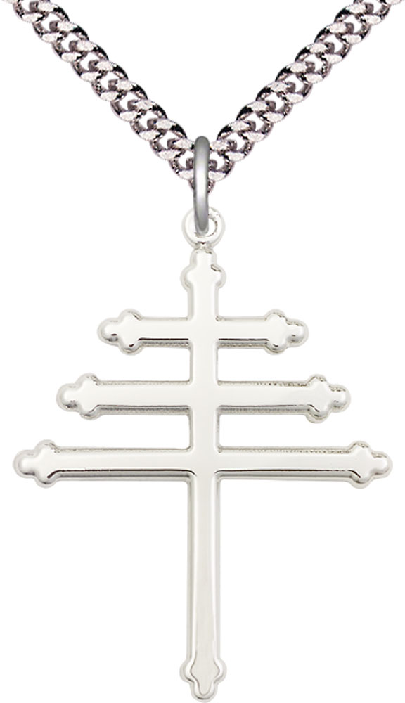 Sterling Silver Maronite Cross Pendant on a 24 inch Light Rhodium Heavy Curb chain