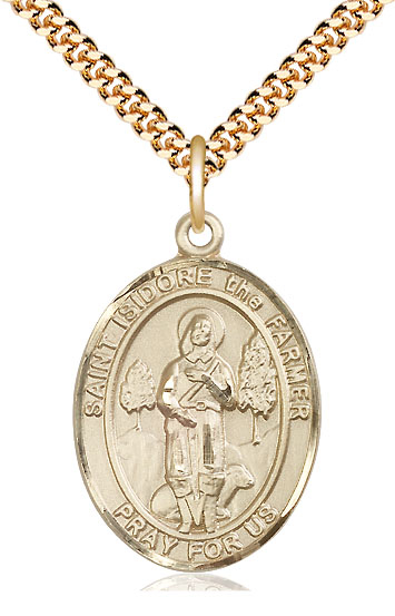 14kt Gold Filled Saint Isidore the Farmer Pendant on a 24 inch Gold Plate Heavy Curb chain