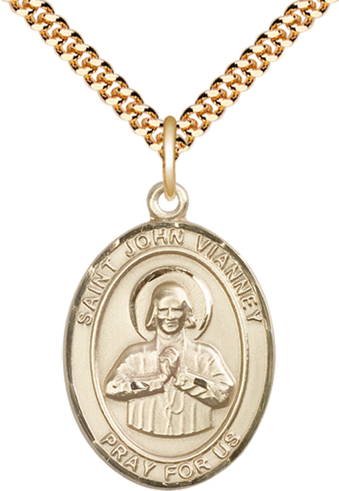 14kt Gold Filled Saint John Vianney Pendant on a 24 inch Gold Plate Heavy Curb chain