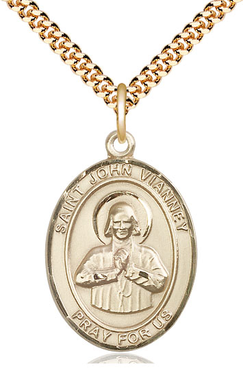 14kt Gold Filled Saint John Vianney Pendant on a 24 inch Gold Plate Heavy Curb chain