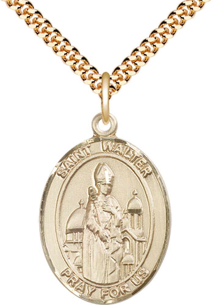 14kt Gold Filled Saint Walter of Pontnoise Pendant on a 24 inch Gold Plate Heavy Curb chain