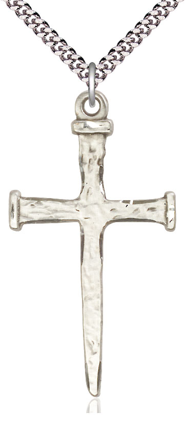 Sterling Silver Nail Cross Pendant on a 24 inch Light Rhodium Heavy Curb chain