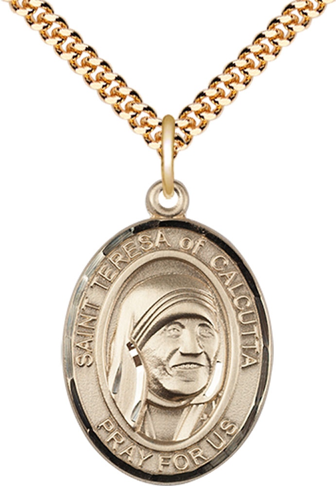 14kt Gold Filled Saint Teresa of Calcutta Pendant on a 24 inch Gold Plate Heavy Curb chain