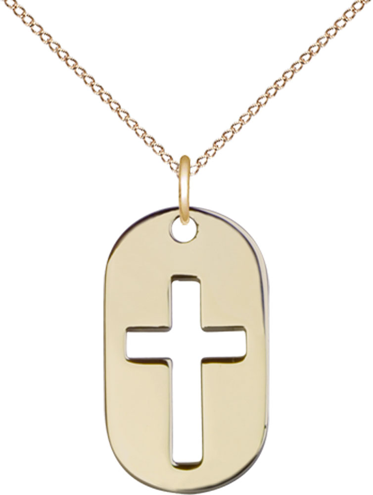 14kt Gold Filled Cross Dog Tag Pendant on a 18 inch Gold Filled Light Curb chain