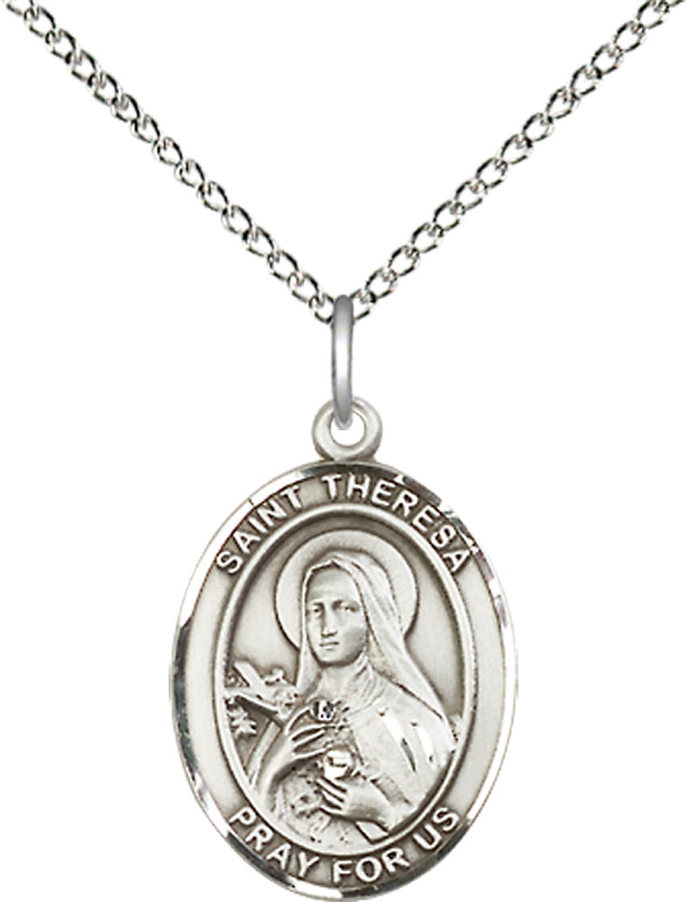 Sterling Silver Saint Theresa Pendant on a 18 inch Sterling Silver Light Curb chain