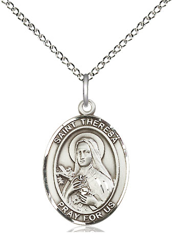 Sterling Silver Saint Theresa Pendant on a 18 inch Sterling Silver Light Curb chain