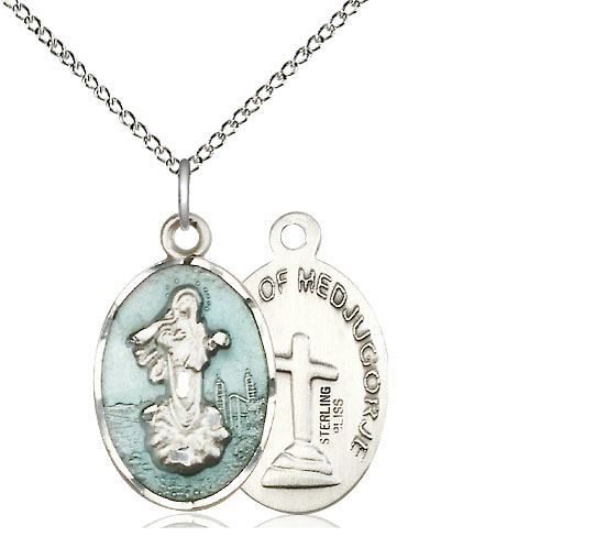 Sterling Silver Our Lady of Medugorje Pendant on a 18 inch Sterling Silver Light Curb chain
