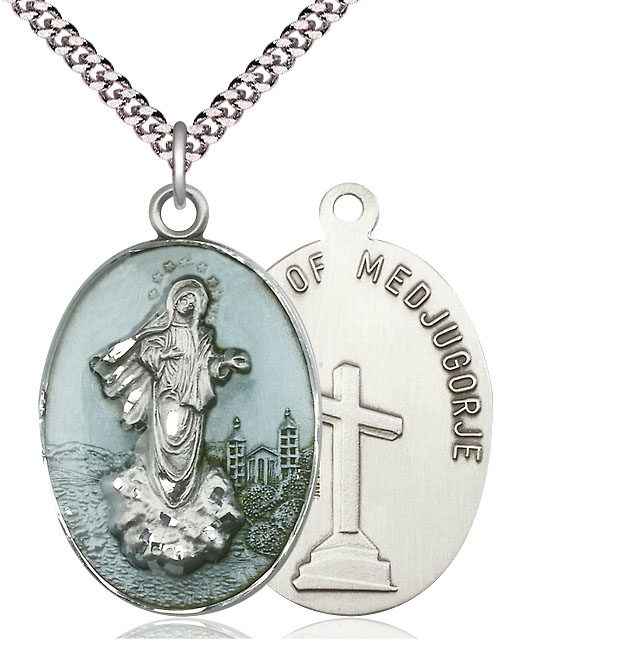 Sterling Silver Medjugorje Pendant on a 24 inch Light Rhodium Heavy Curb chain