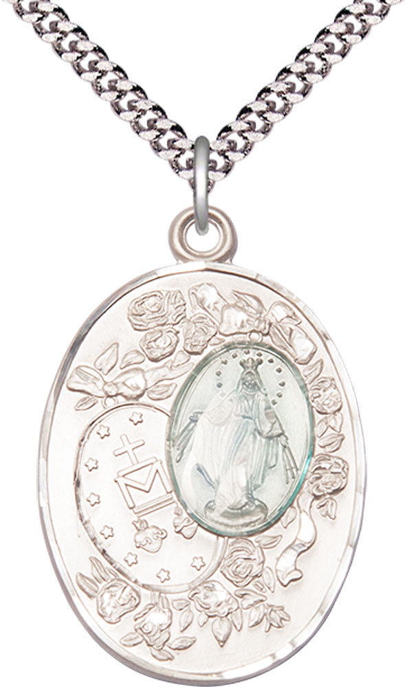 Sterling Silver Miraculous Pendant on a 24 inch Light Rhodium Heavy Curb chain