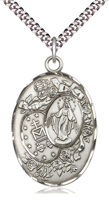 Sterling Silver Miraculous Pendant on a 24 inch Light Rhodium Heavy Curb chain