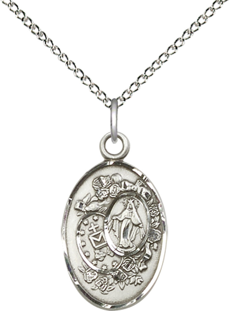 Sterling Silver Miraculous Pendant on a 18 inch Sterling Silver Light Curb chain