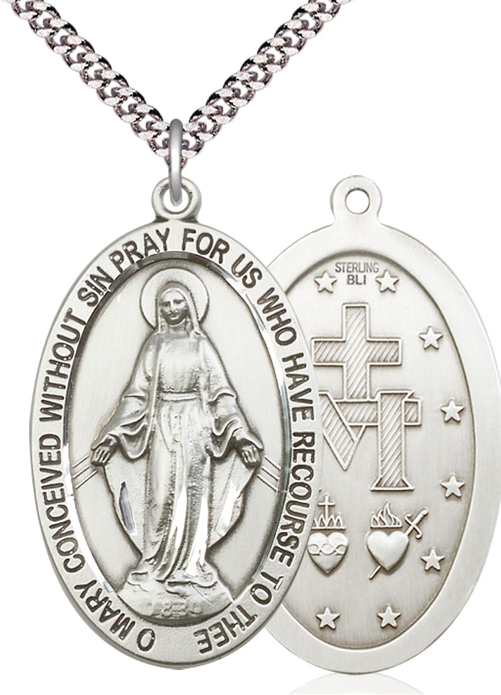 Sterling Silver Miraculous Pendant on a 24 inch Light Rhodium Heavy Curb chain
