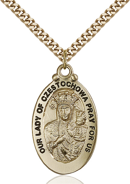 14kt Gold Filled Our Lady of Czestochowa Pendant on a 24 inch Gold Plate Heavy Curb chain