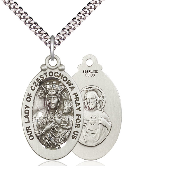 Sterling Silver Our Lady of Czestochowa Pendant on a 24 inch Light Rhodium Heavy Curb chain