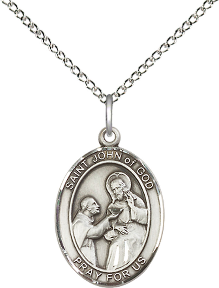 Sterling Silver Saint John of God Pendant on a 18 inch Sterling Silver Light Curb chain