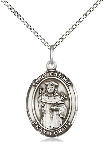 Sterling Silver Saint Casimir of Poland Pendant on a 18 inch Sterling Silver Light Curb chain