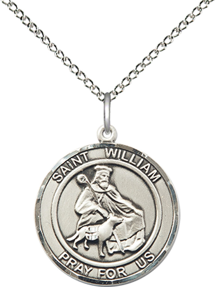 Sterling Silver Saint William of Rochester Pendant on a 18 inch Sterling Silver Light Curb chain
