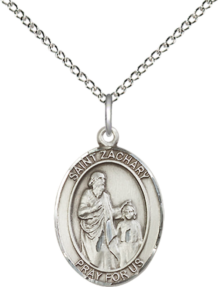 Sterling Silver Saint Zachary Pendant on a 18 inch Sterling Silver Light Curb chain