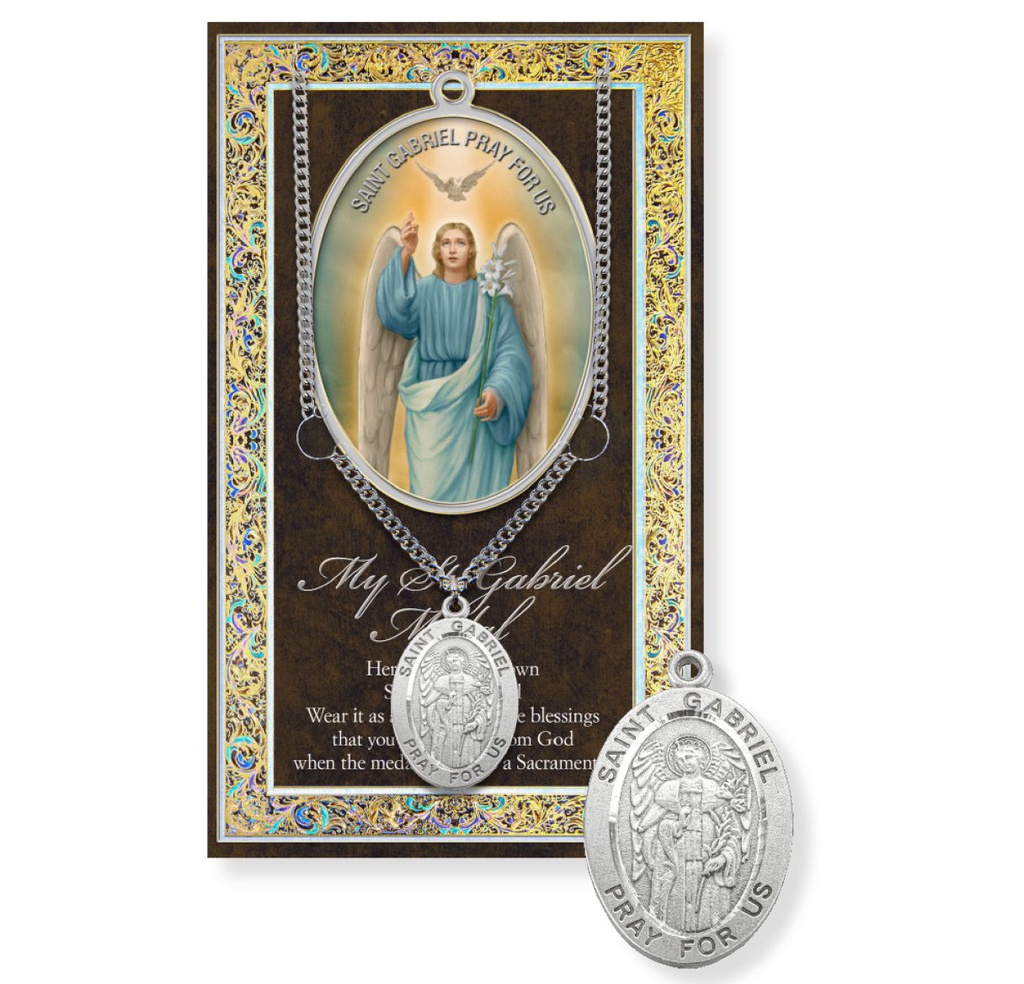 St. Gabriel Genuine Pewter Medal on a 24" Chain with Biography and Picture Folder