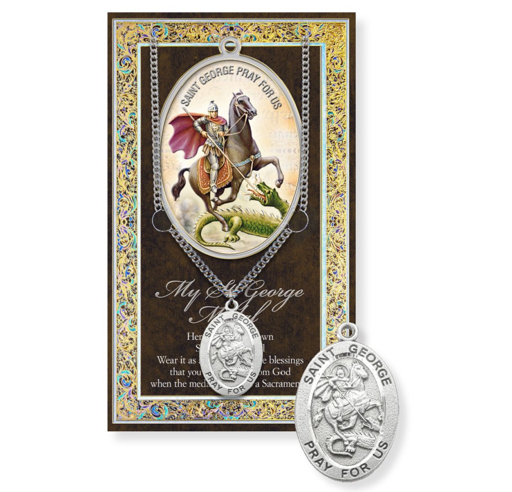 St. George Genuine Pewter Medal on a 24&quot; Chain with Biography and Picture Folder