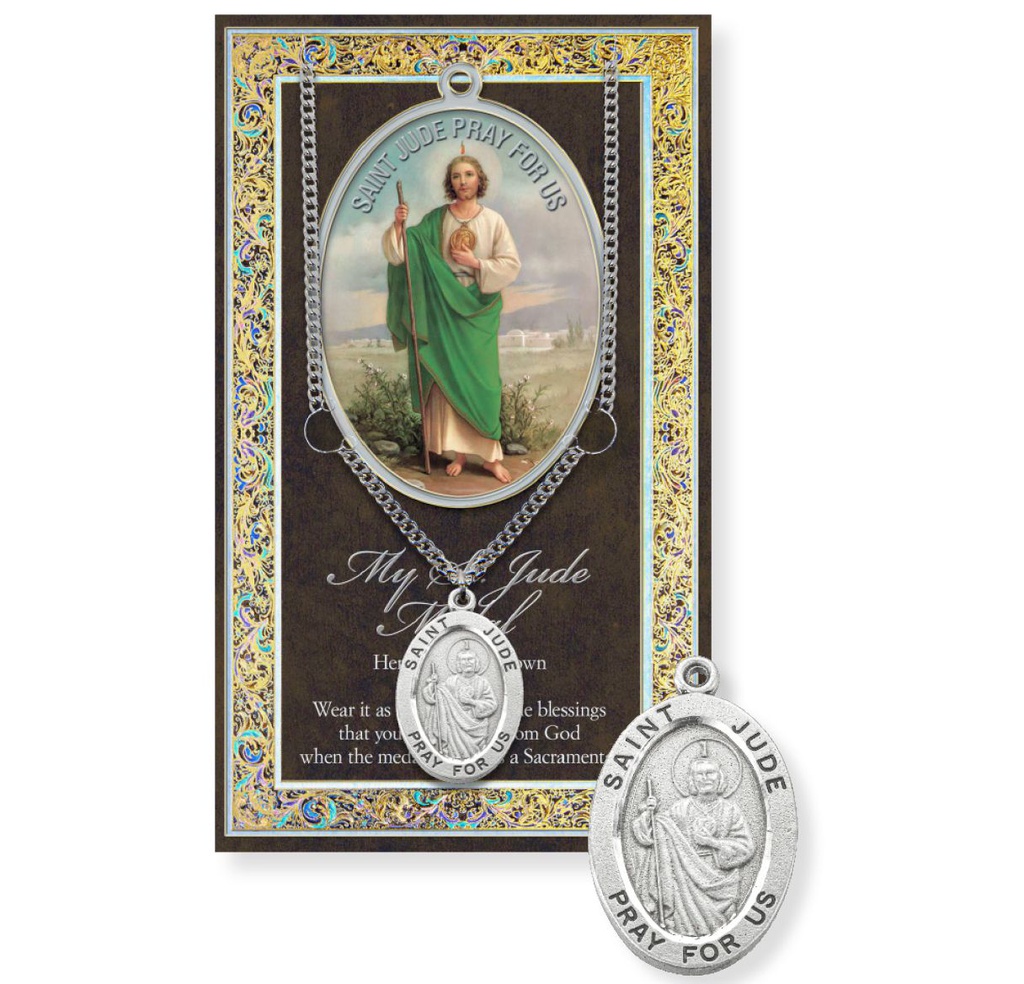 St. Jude Genuine Pewter Medal on a 24&quot; Chain with Biography and Picture Folder