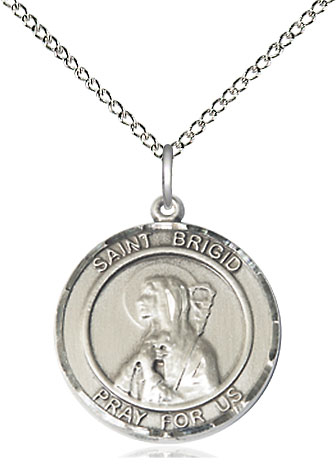 Sterling Silver Saint Brigid of Ireland Pendant on a 18 inch Sterling Silver Light Curb chain