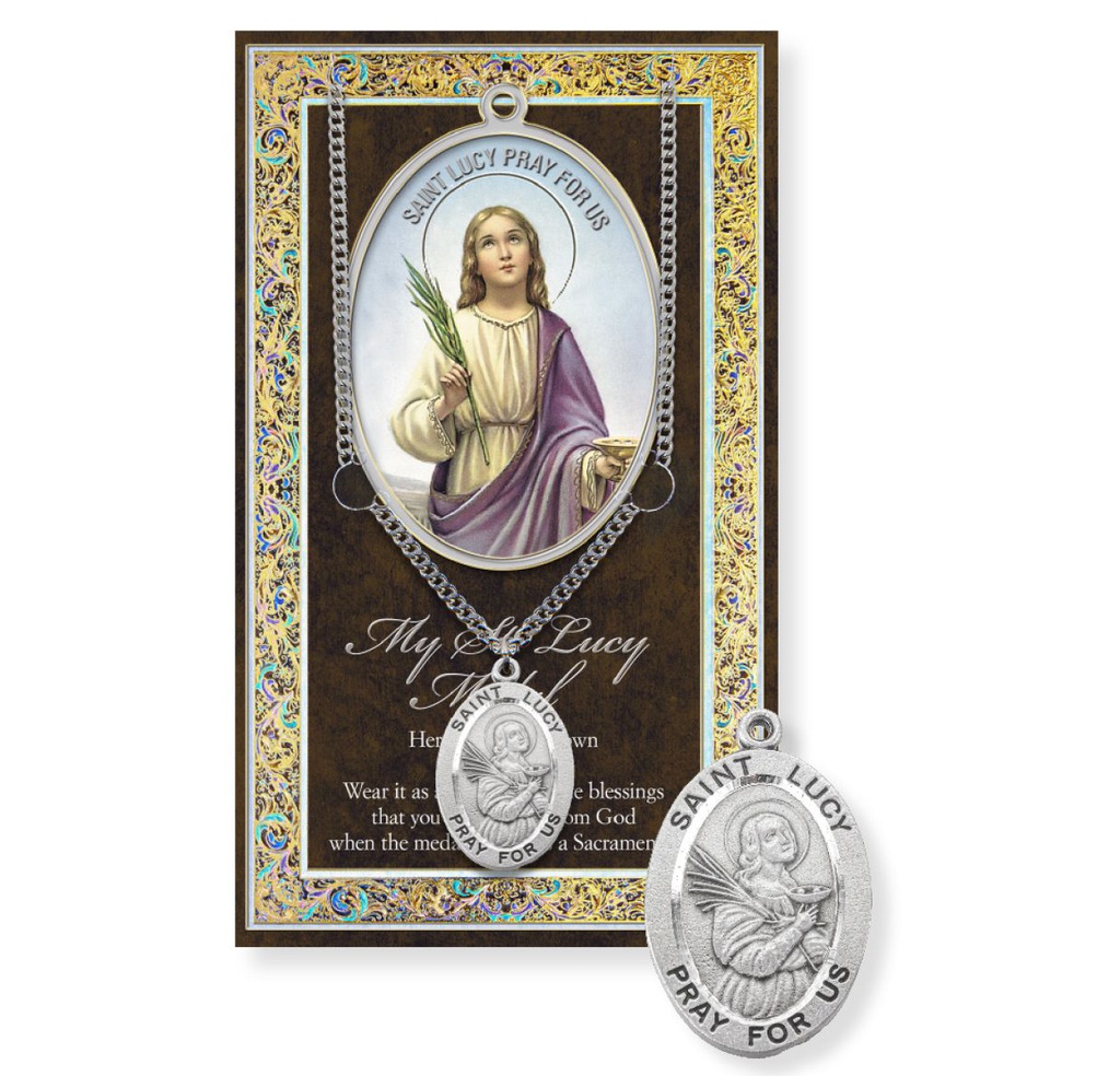 St. Lucy Genuine Pewter Medal on a 24" Chain with Biography and Picture Folder