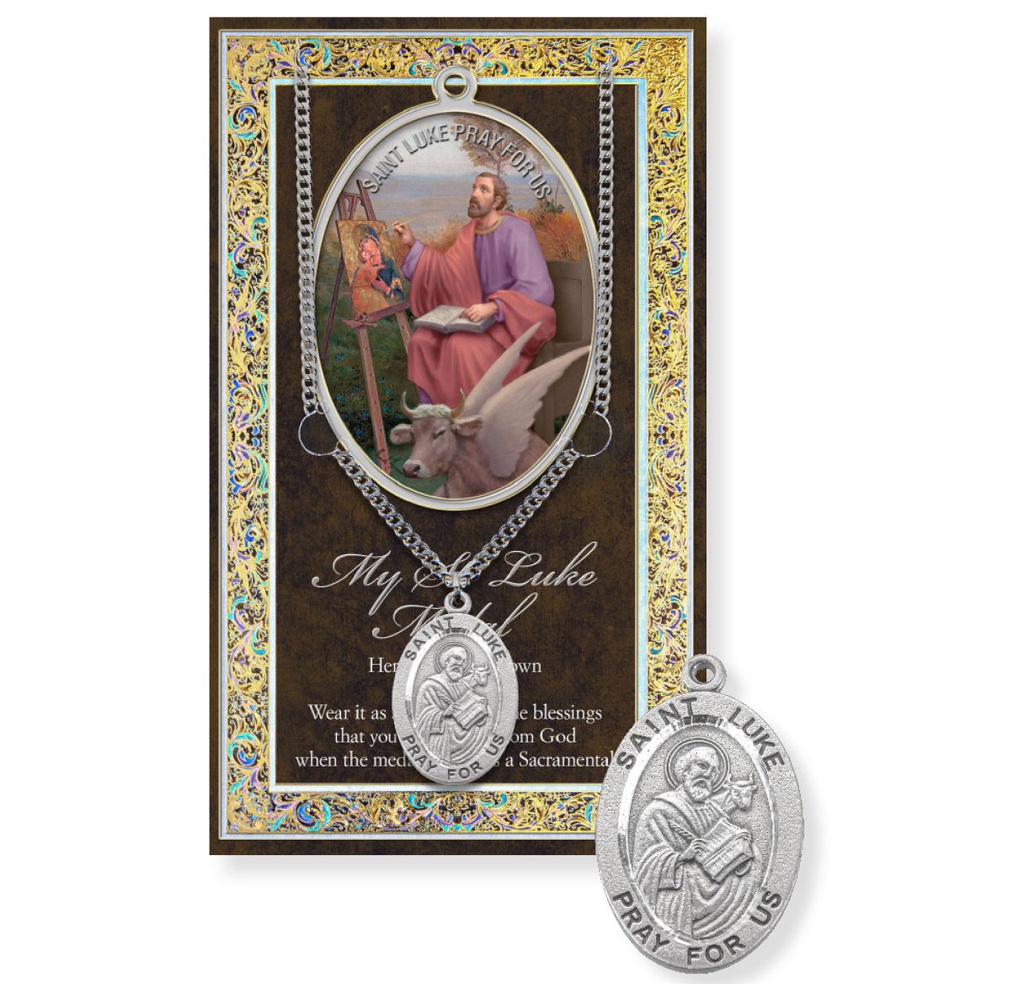 St. Luke Genuine Pewter Medal on a 24&quot; Chain with Biography and Picture Folder