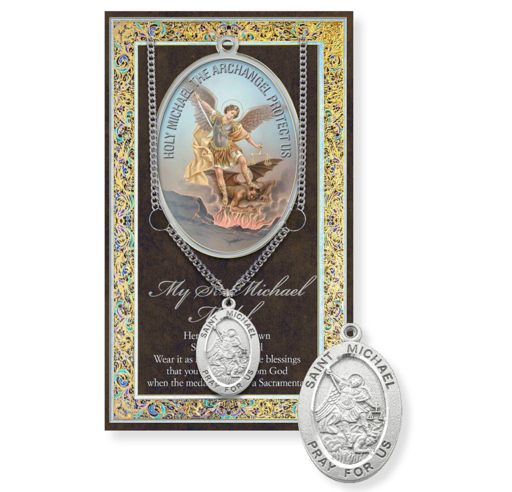 St. Michael w/Chain Genuine Pewter Medal on a 24" Ch. /Bio. &amp; Picture Folder