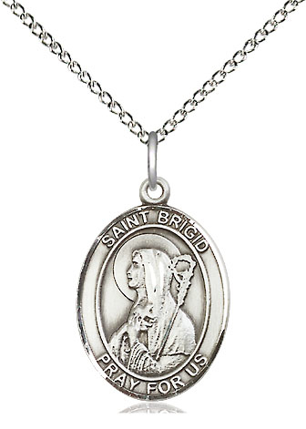 Sterling Silver Saint Brigid of Ireland Pendant on a 18 inch Sterling Silver Light Curb chain