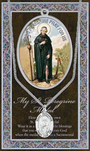 Saint Peregrine Genuine Pewter Medal on a 24" Chain with Biography and Picture Folder 