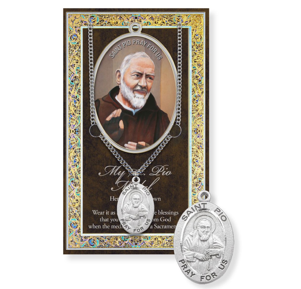 St. Pio Genuine Pewter Medal on a 24" Chain with Biography and Picture Folder