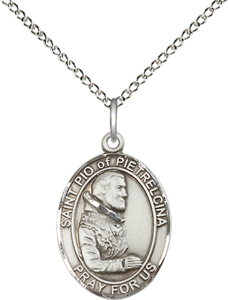 Sterling Silver Saint Pio of Pietrelcina Pendant on a 18 inch Sterling Silver Light Curb chain