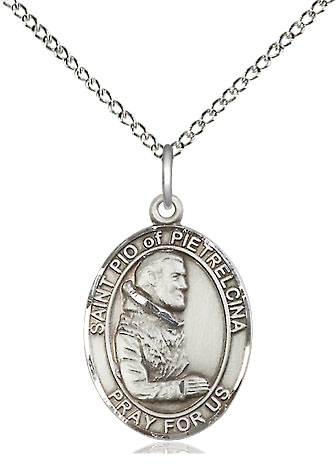 Sterling Silver Saint Pio of Pietrelcina Pendant on a 18 inch Sterling Silver Light Curb chain