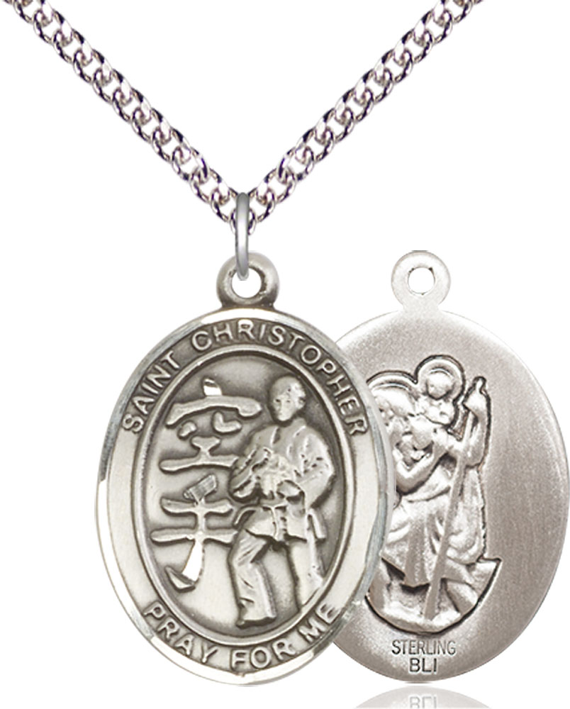 Sterling Silver Saint Christopher Karate Pendant on a 24 inch Sterling Silver Heavy Curb chain