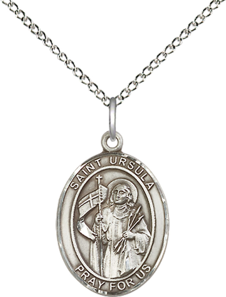 Sterling Silver Saint Ursula Pendant on a 18 inch Sterling Silver Light Curb chain