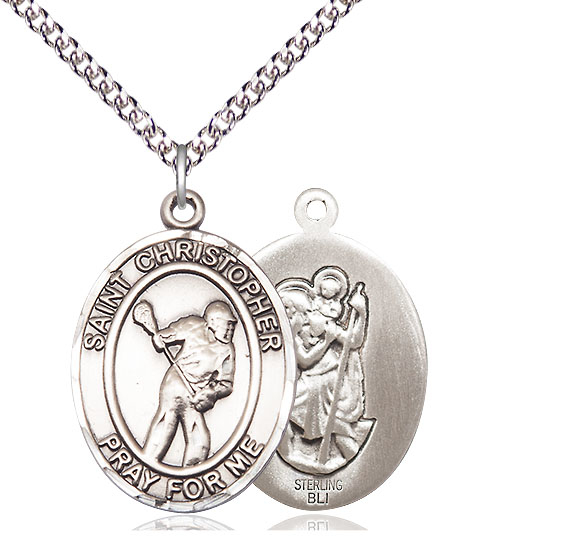 Sterling Silver Saint Christopher Lacrosse Pendant on a 24 inch Sterling Silver Heavy Curb chain