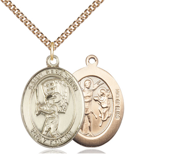 14kt Gold Filled Saint Sebastian Baseball Pendant on a 24 inch Gold Filled Heavy Curb chain